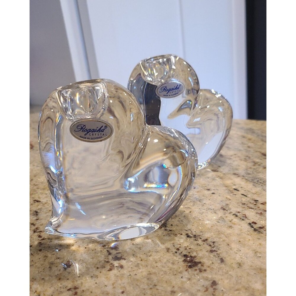 Set of 2 Rogaska Lead Crystal Candle Holder Heart Made in Slovenia Vintage
